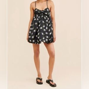 Free People Floral Bubble Mini Dress Size Small Black Twist Bust Spaghetti Strap